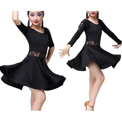 Kids lace latin dress for girls children black  chacha rumba samba dresses school show competition stage performance outfits dancewear